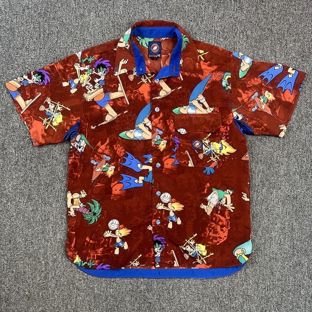 Flamehead USA Vintage 90s Graphic Button Up Shirt Medium Red All Over Print — photo 2